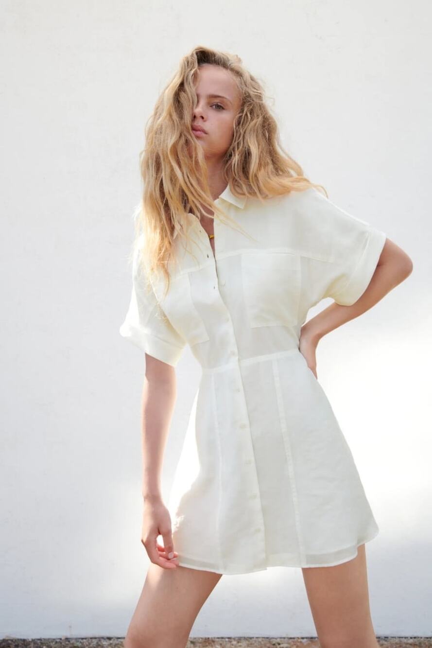 Zara Women’s White Short Sleeve Button Down Fit and Flare Shirtdress Size M